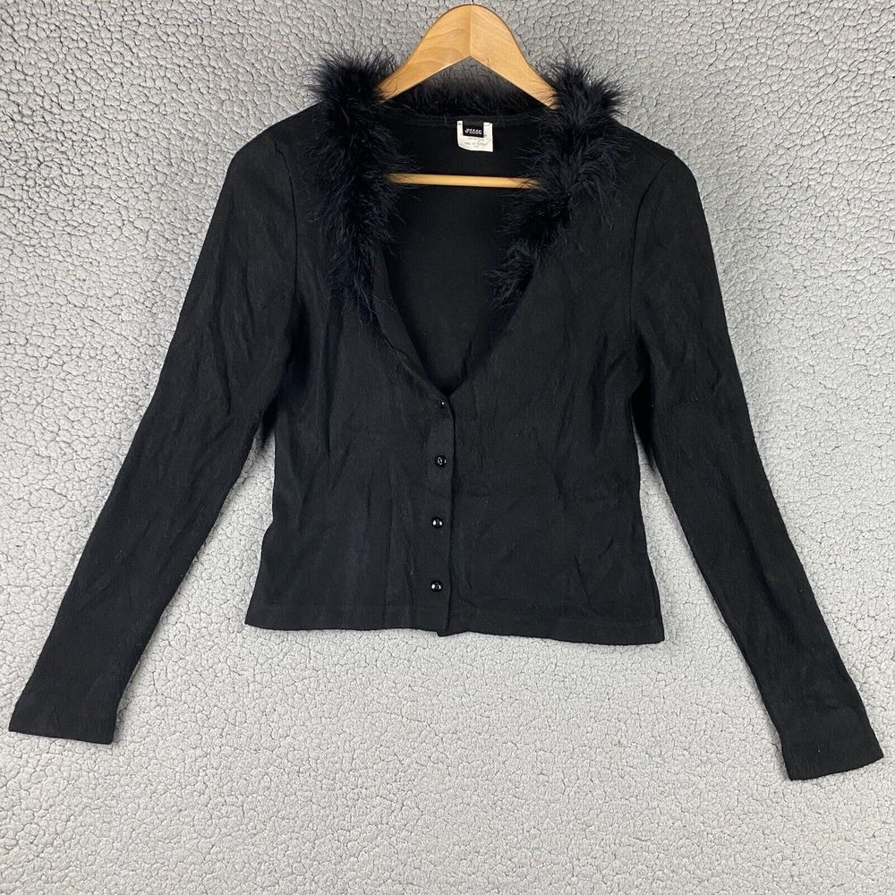 VTG Cardigan Sweater Faux Fur Collar Size M Black Made in USA Acrylic 90's PSSST